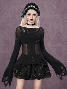 ROMWE Grunge Punk Sweater Lengan Lonceng Polos dengan Tampilan Usang - Hitam - View 11