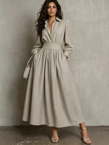 Balvessa Women's Solid Color Long Sleeve Button Half-Placket Pocket Casual Shirt Dress - Grey - View 1