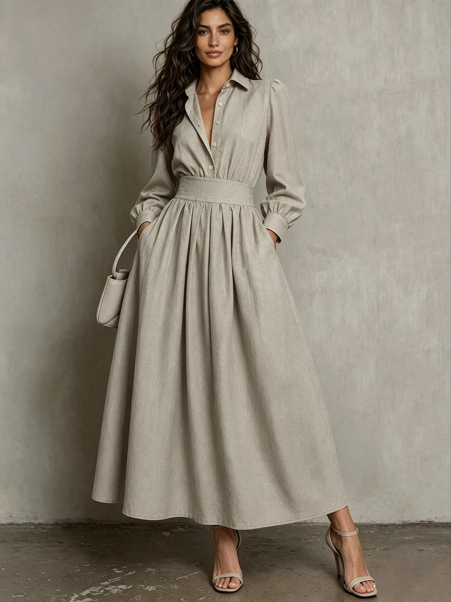 Balvessa Women's Solid Color Long Sleeve Button Half-Placket Pocket Casual Shirt Dress - Grey - View 1