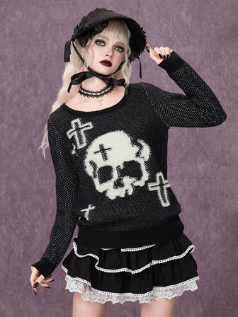 Goth Pull femme à col asymétrique avec broderie de crâne sombre sur serviette
