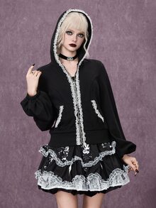 ROMWE Goth Contrast Lace Lantern Sleeve Zip Up Hooded Sweatshirt - Black - View 8