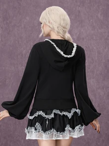 ROMWE Goth Contrast Lace Lantern Sleeve Zip Up Hooded Sweatshirt - Black - View 2