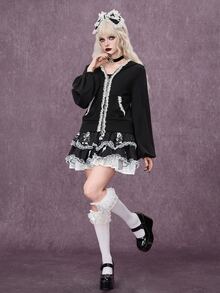 ROMWE Goth Contrast Lace Lantern Sleeve Zip Up Hooded Sweatshirt - Black - View 1