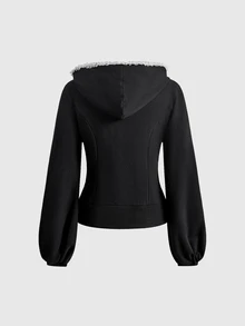 ROMWE Goth Contrast Lace Lantern Sleeve Zip Up Hooded Sweatshirt - Black - View 10