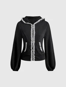 ROMWE Goth Contrast Lace Lantern Sleeve Zip Up Hooded Sweatshirt - Black - View 12