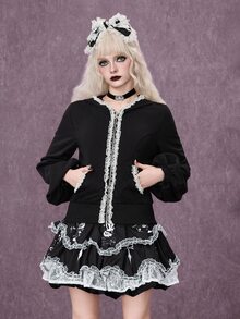 ROMWE Goth Contrast Lace Lantern Sleeve Zip Up Hooded Sweatshirt - Black - View 7
