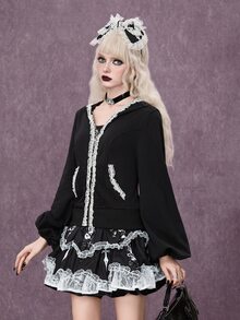 ROMWE Goth Contrast Lace Lantern Sleeve Zip Up Hooded Sweatshirt - Black - View 6