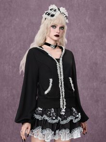 ROMWE Goth Contrast Lace Lantern Sleeve Zip Up Hooded Sweatshirt - Black - View 3