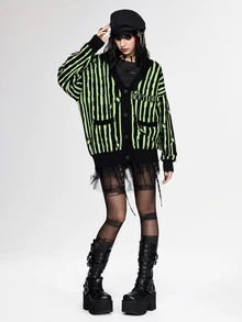 Beetlejuice X ROMWE Black & Green Striped Contrast Color Knit Cardigan - Multicolor - View 7