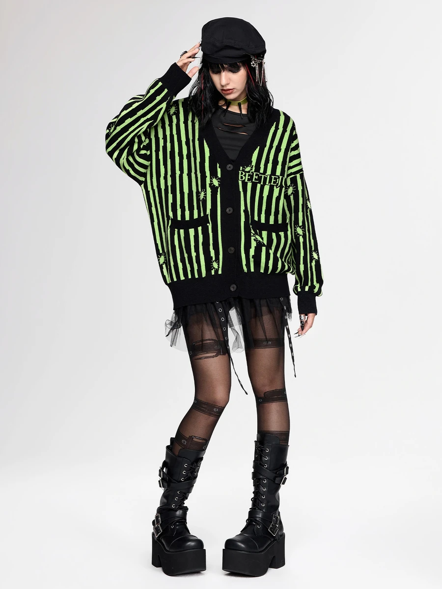 Beetlejuice X ROMWE Black & Green Striped Contrast Color Knit Cardigan - Multicolor - View 1