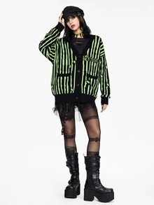 Beetlejuice X ROMWE Black & Green Striped Contrast Color Knit Cardigan - Multicolor - View 4
