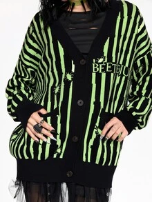 Beetlejuice X ROMWE Black & Green Striped Contrast Color Knit Cardigan - Multicolor - View 10