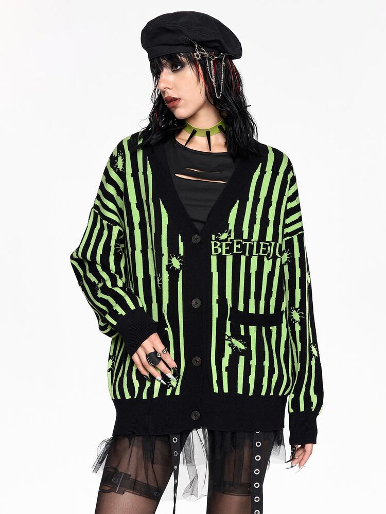 Beetlejuice X ROMWE Black & Green Striped Contrast Color Knit Cardigan - Multicolor - View 6