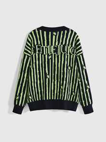 Beetlejuice X ROMWE Black & Green Striped Contrast Color Knit Cardigan - Multicolor - View 3