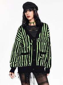 Beetlejuice X ROMWE Black & Green Striped Contrast Color Knit Cardigan - Multicolor - View 9
