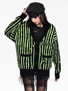 Beetlejuice X ROMWE Black & Green Striped Contrast Color Knit Cardigan - Multicolor - View 1