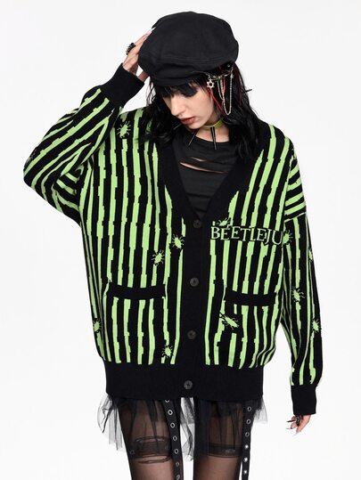 Beetlejuice X ROMWE Black & Green Striped Contrast Color Knit Cardigan