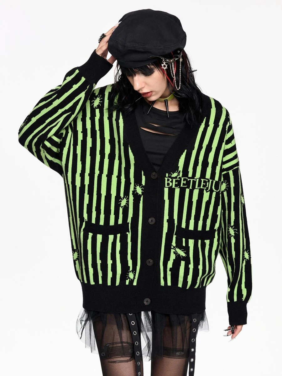 Beetlejuice X ROMWE Black & Green Striped Contrast Color Knit Cardigan - Multicolor - View 1