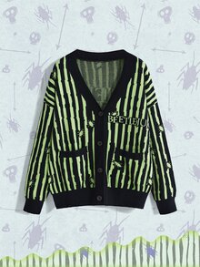 Beetlejuice X ROMWE Black & Green Striped Contrast Color Knit Cardigan - Multicolor - View 11