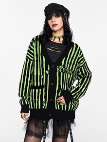 Beetlejuice X ROMWE Black & Green Striped Contrast Color Knit Cardigan - Multicolor - View 8