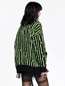 Beetlejuice X ROMWE Black & Green Striped Contrast Color Knit Cardigan - Multicolor - View 5