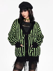 Beetlejuice X ROMWE Black & Green Striped Contrast Color Knit Cardigan - Multicolor - View 2