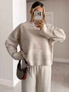 SHEIN Solid Textured Stripe Knit Sweater & Wide Leg Pants Two Pieces Set, Luxury Feel, Comfort Fit - Beige - View 5