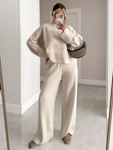 SHEIN Solid Textured Stripe Knit Sweater & Wide Leg Pants Two Pieces Set, Luxury Feel, Comfort Fit - Beige - View 2