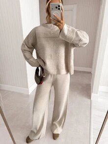 SHEIN Solid Textured Stripe Knit Sweater & Wide Leg Pants Two Pieces Set, Luxury Feel, Comfort Fit - Beige - View 4