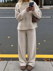 SHEIN Solid Textured Stripe Knit Sweater & Wide Leg Pants Two Pieces Set, Luxury Feel, Comfort Fit - Beige - View 1