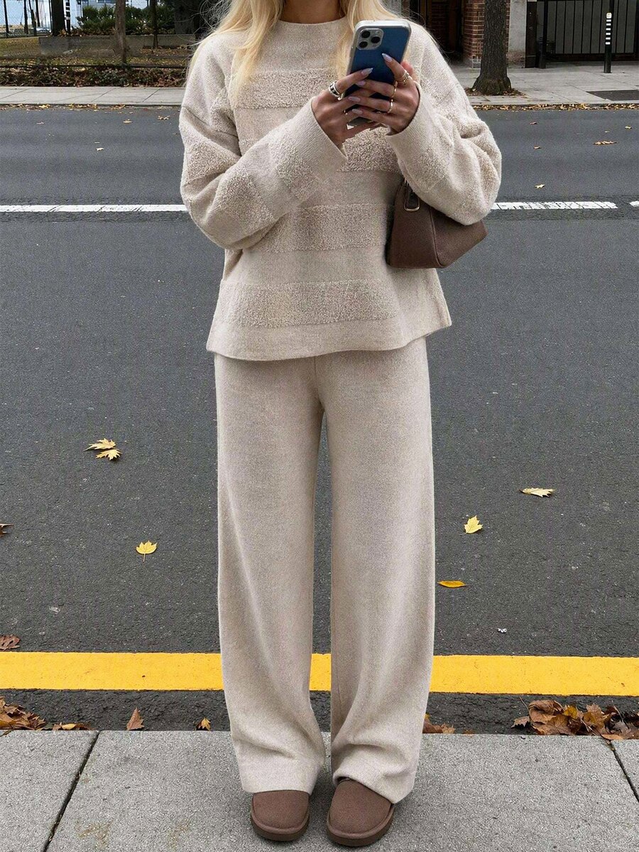 SHEIN Solid Textured Stripe Knit Sweater & Wide Leg Pants Two Pieces Set, Luxury Feel, Comfort Fit - Beige - View 1