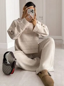 SHEIN Solid Textured Stripe Knit Sweater & Wide Leg Pants Two Pieces Set, Luxury Feel, Comfort Fit - Beige - View 6