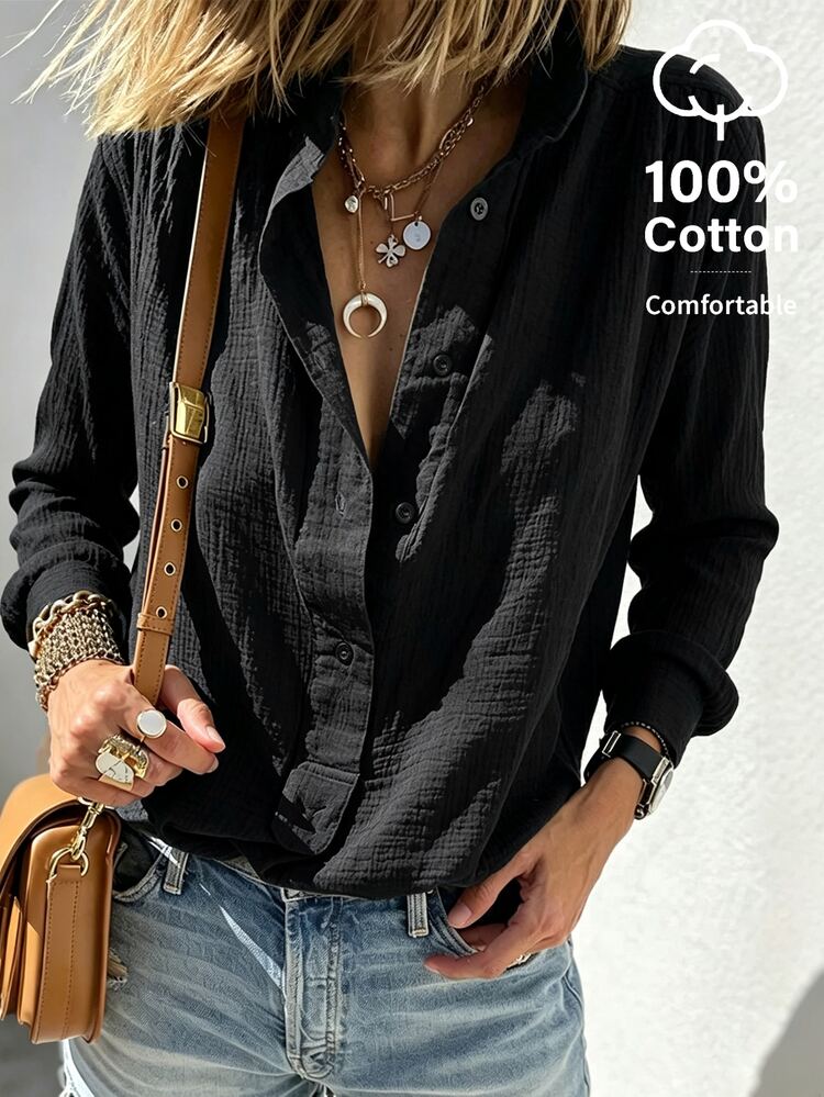 SHEIN Fall Pleated Cotton Linen Shirt Women Office Party Loose Slimming Black Long Sleeve Blouse Casual Modchic - Black - View 3