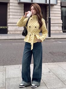 Comfortcana Chaqueta de mujer de ajuste regular con lunares, cuello alto y cintura ceñida - Multicolor - Ver 5