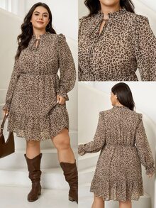 Comfylo Plus Leopard Print Tie Neck Flounce Sleeve Ruffle Hem Dress - Coffee Brown - View 1