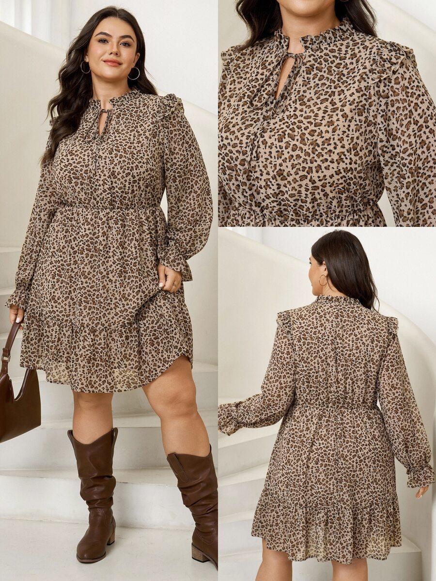 Comfylo Plus Leopard Print Tie Neck Flounce Sleeve Ruffle Hem Dress - Coffee Brown - View 1