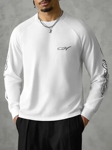 SLATEMANN Men's Letter Print Raglan Long Sleeve Crew Neck Casual T-Shirt - White - View 4