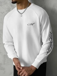 SLATEMANN Men's Letter Print Raglan Long Sleeve Crew Neck Casual T-Shirt - White - View 2