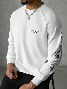 SLATEMANN Men's Letter Print Raglan Long Sleeve Crew Neck Casual T-Shirt - White - View 5