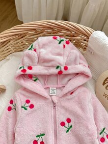 SHEIN 女嬰可愛休閒針織毛茸茸櫻桃連帽冬季外套 - 粉色 - 查看 4