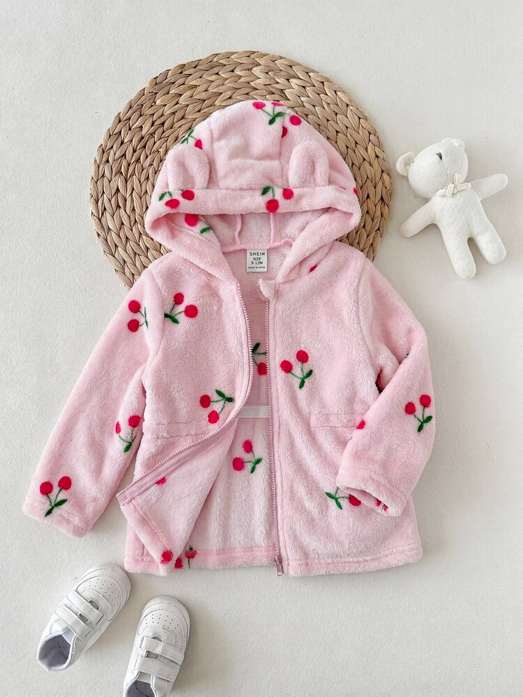 SHEIN Babygirl Cute Casual Knitted Fluffy Cherry Hooded Winter Jacket - Pink - View 5