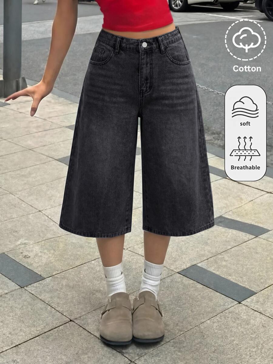SHEIN 少女休閒寬鬆寬腿牛仔長褲 - 黑色 - 查看 1