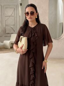 Rue Lumi Women's Chiffon Ruffle Hem Casual Modest Elegant Midi Dress Brunch Vacation Dark Brown Autumn - Brown - View 6