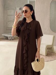 Rue Lumi Women's Chiffon Ruffle Hem Casual Modest Elegant Midi Dress Brunch Vacation Dark Brown Autumn - Brown - View 3