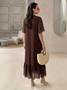 Rue Lumi Women's Chiffon Ruffle Hem Casual Modest Elegant Midi Dress Brunch Vacation Dark Brown Autumn - Brown - View 2