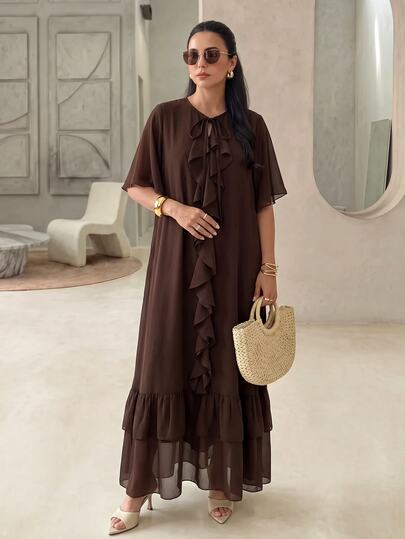 Rue Lumi Women's Chiffon Ruffle Hem Casual Midi Dress