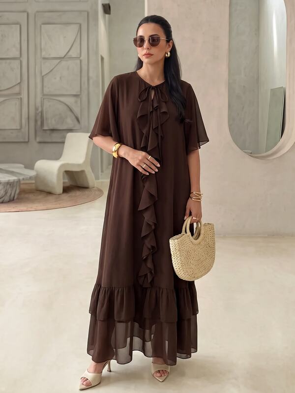 Rue Lumi Women's Chiffon Ruffle Hem Casual Midi Dress