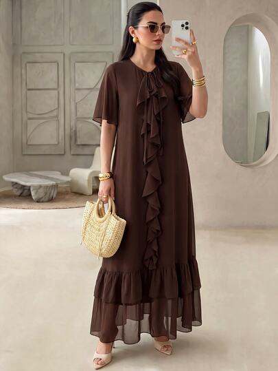 Rue Lumi Women's Chiffon Ruffle Hem Casual Midi Dress