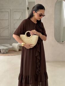 Rue Lumi Women's Chiffon Ruffle Hem Casual Modest Elegant Midi Dress Brunch Vacation Dark Brown Autumn - Brown - View 5