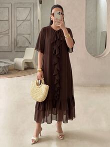 Rue Lumi Women's Chiffon Ruffle Hem Casual Modest Elegant Midi Dress Brunch Vacation Dark Brown Autumn - Brown - View 4